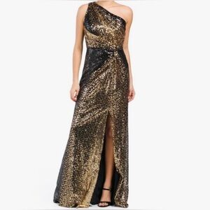 RENE RUIZ COLLECTION black gold One Shoulder Sequin Gown